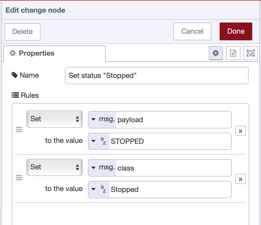 Change node configuration setting payload to STOPPED and class to stopped