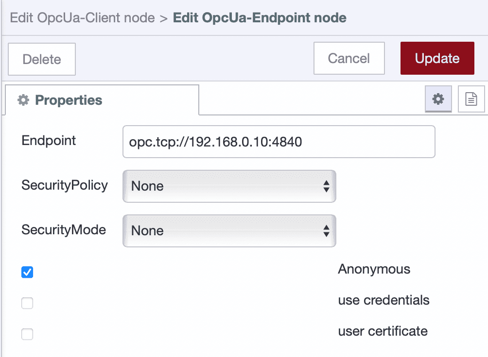OPC UA endpoint configuration