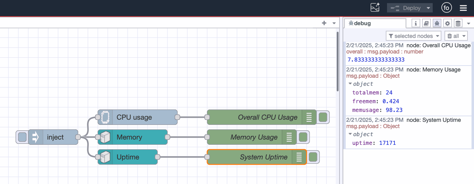 An image showing the flow that gathers system uptime data and prints it in the debug pane
